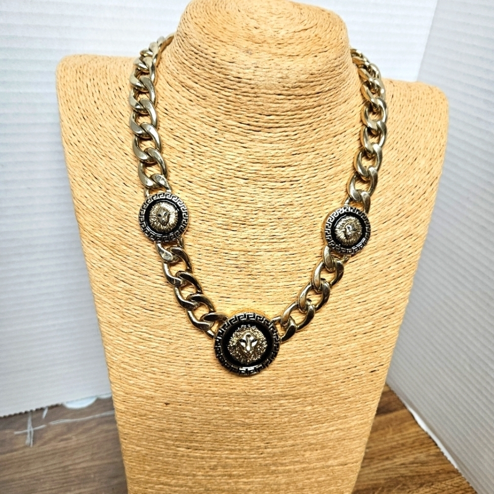 Vintage Greek Key Lion Head Necklace
